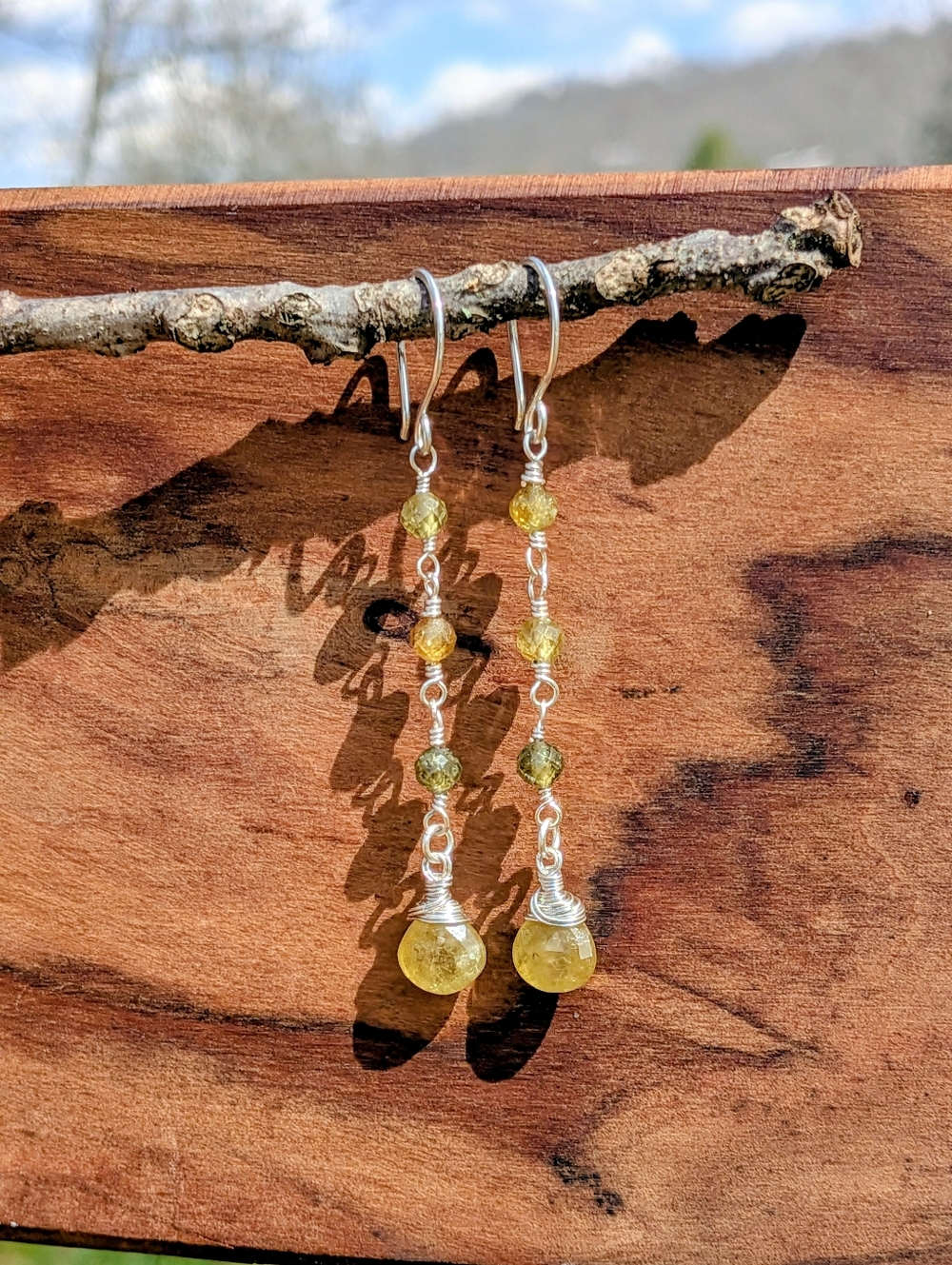 Earthy Green Garnet Earrings Dainty Sterling Silver Elegant Dangle Drop - Picture 11 of 12